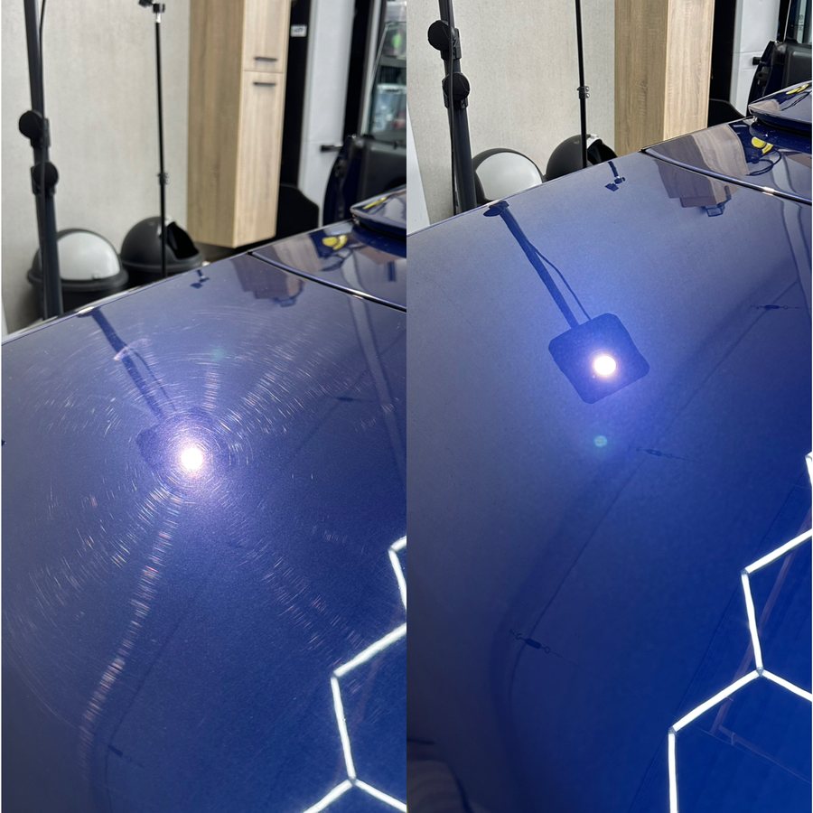 Bonnet under the inspection light, before and after correction